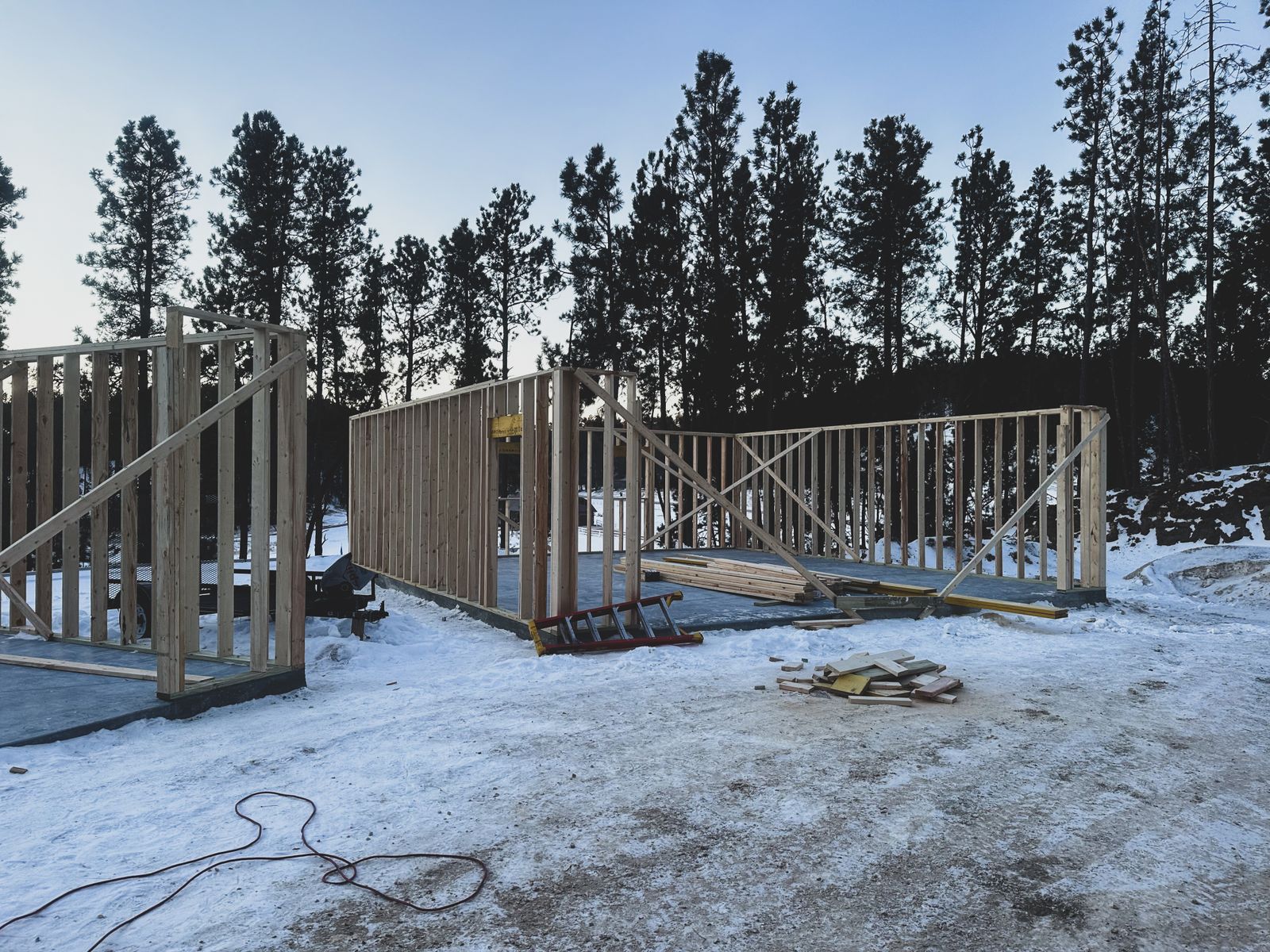 Exterior wall framing on a winter lot