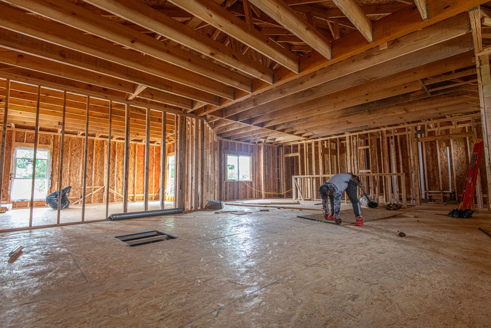 Open interior framing and floor deck